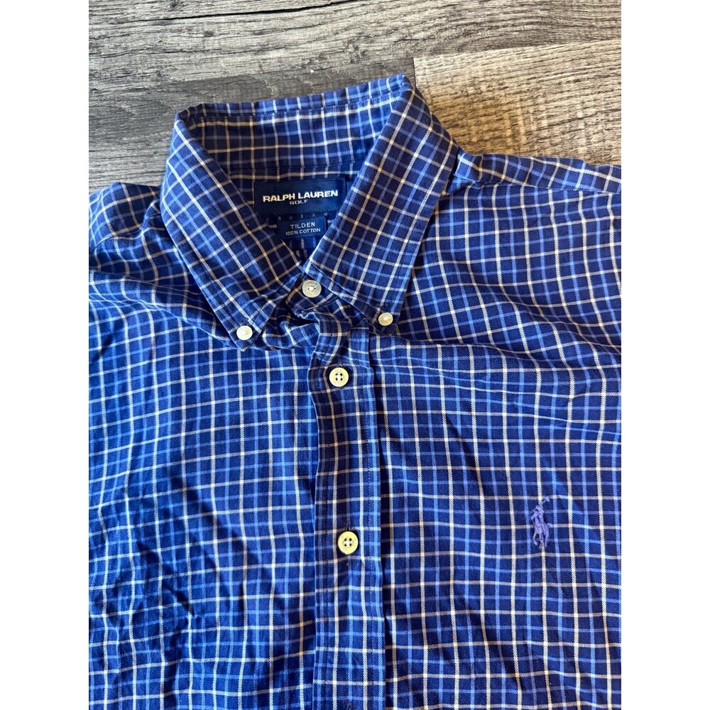 Ralph Lauren Golf Tilden Button Down Shirt Blue Plaid Mens Large L Oversized